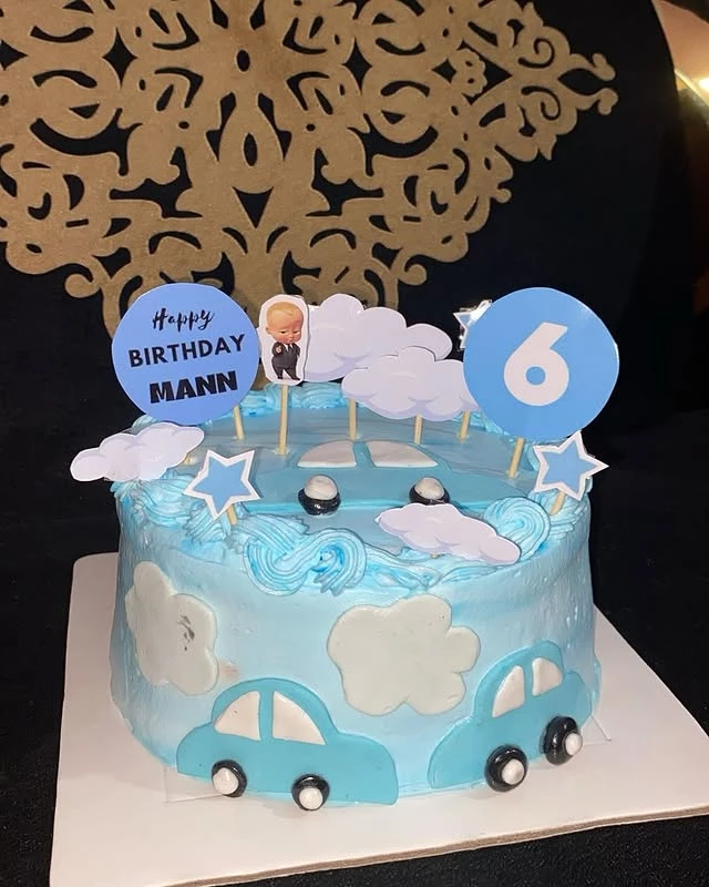 Custom 6-month car theme birthday cake for baby Mann with number 6 decoration - Themed Baby Cakes Karachi By Whisk And Sift